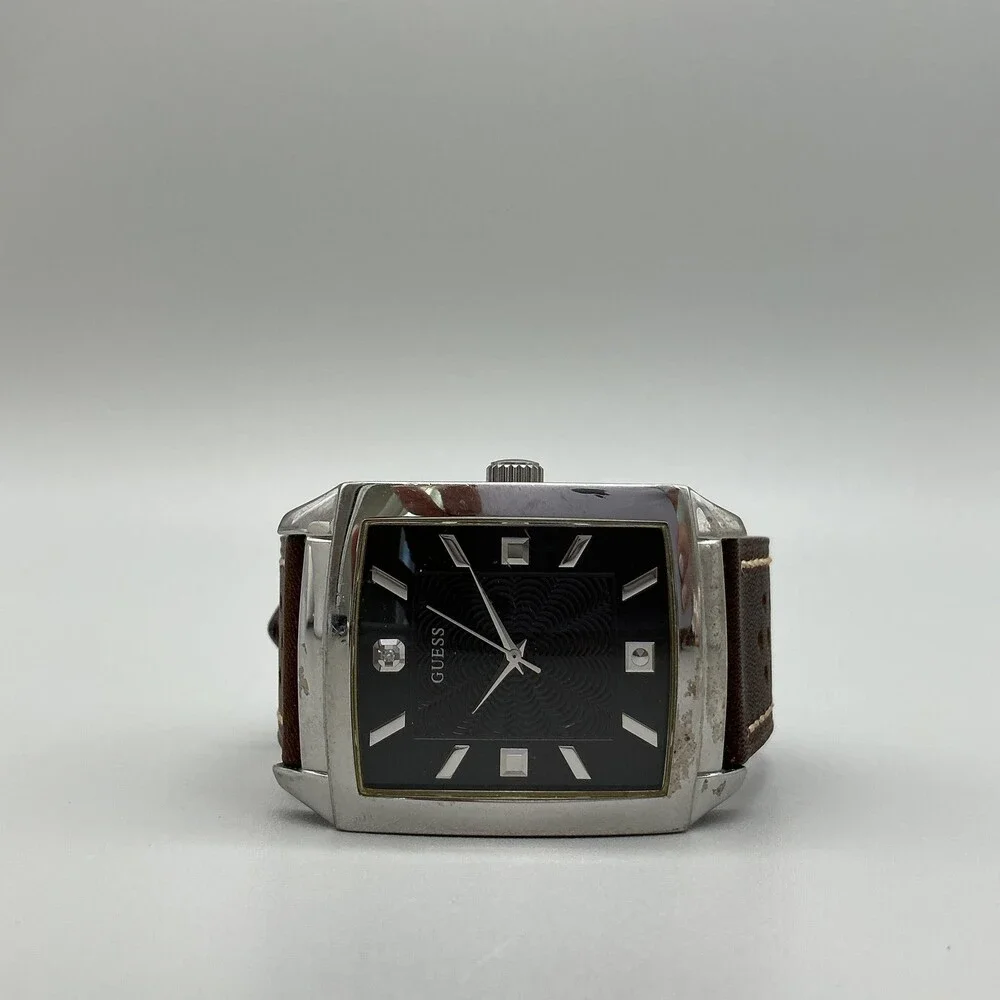 Guess Mens Watch 35mm Black Dial Brown Leather Rectangle Dress New Battery